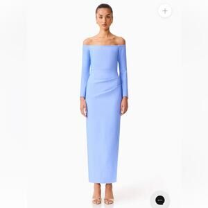 elliatt sonya blue fitted side slit off the shoulder long maxi dress medium NEW